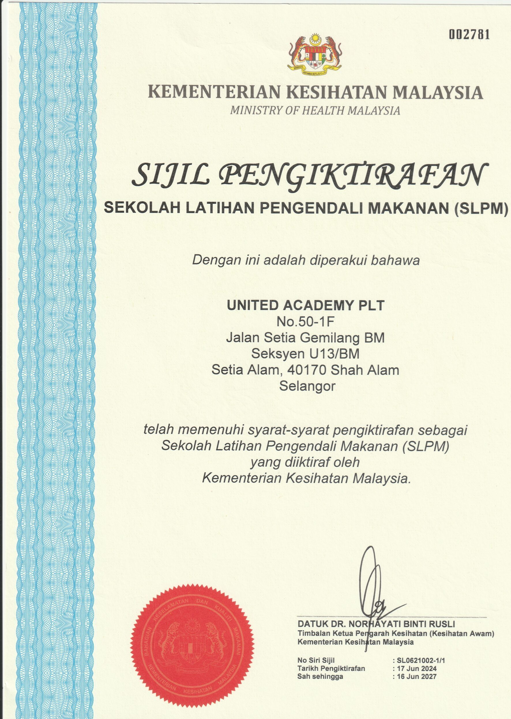 Kursus Pengendali Makanan-Sijil Pengiktirafan SLPM