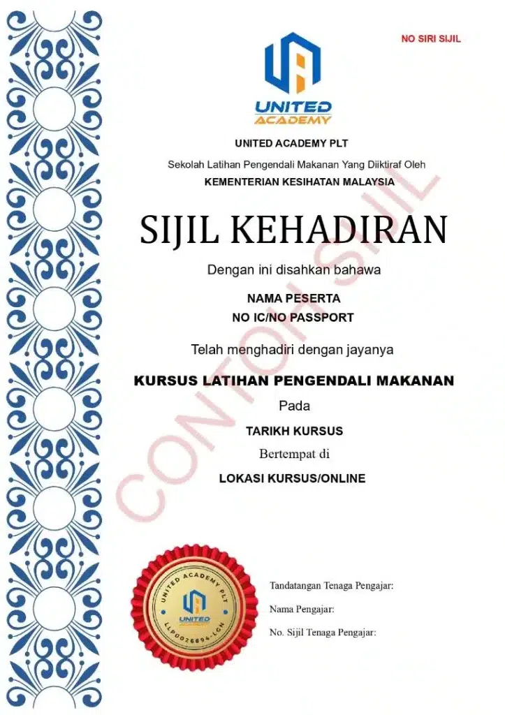 Kursus Pengendali Makanan - Sijil Kehadiran