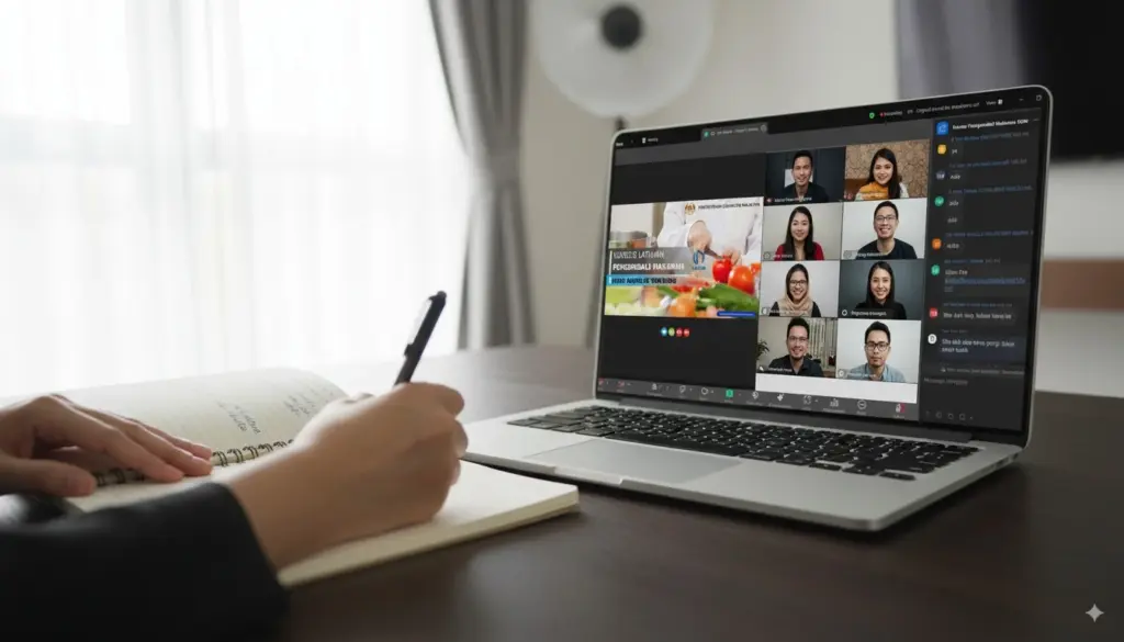 Peserta menghadiri kursus pengendali makanan online dari rumah melalui Zoom