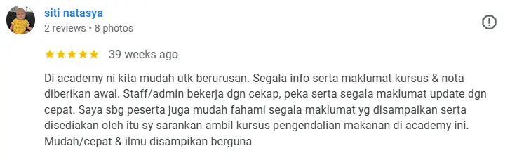 Maklum balas peserta kursus pengendali makanan United Academy tentang pengurusan dan komunikasi admin