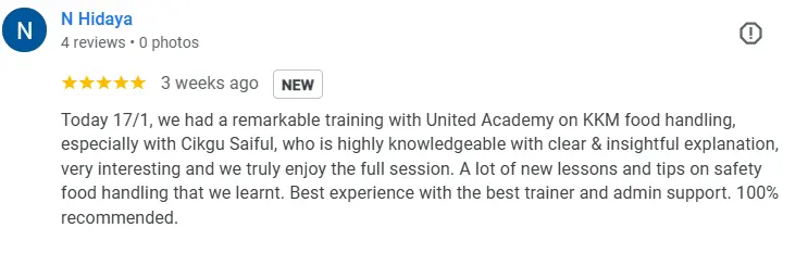 Review peserta kursus pengendali makanan United Academy tentang kualiti trainer