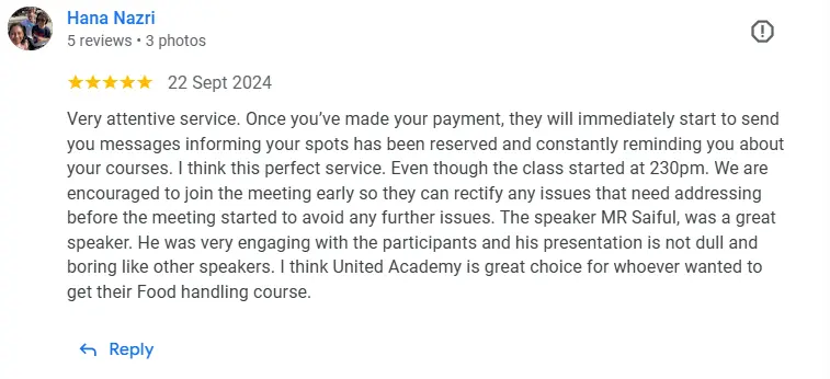Review peserta kursus pengendali makanan United Academy di Google