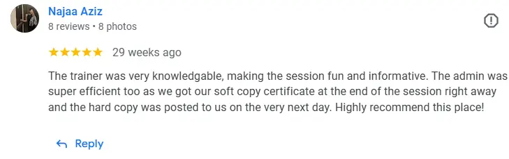 Review peserta kursus pengendali makanan United Academy berkaitan sijil dan kecekapan admin